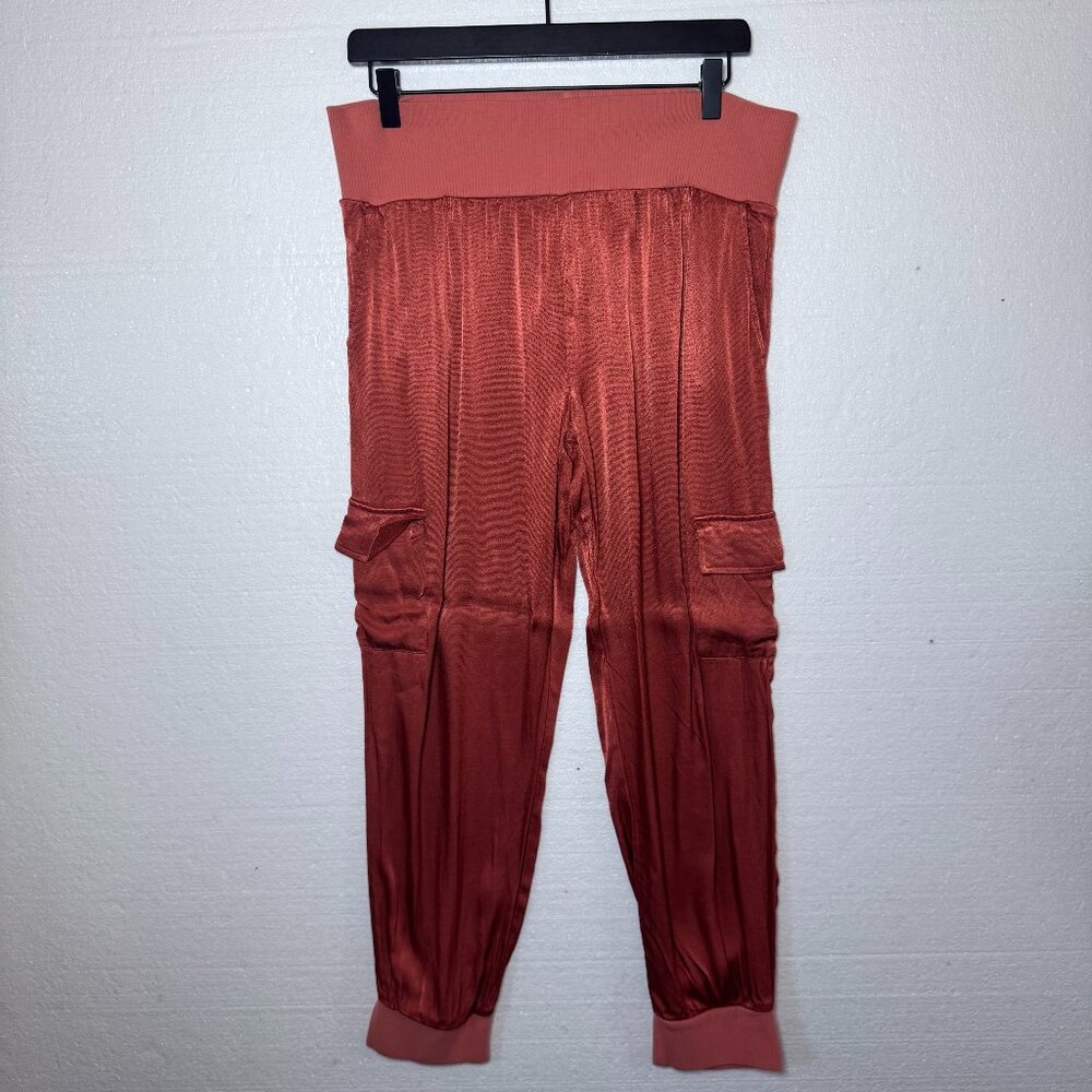 Fate Womens Size XL Burnt Orange Satin Cargo Jogger Pants Comfy Pockets Casual
